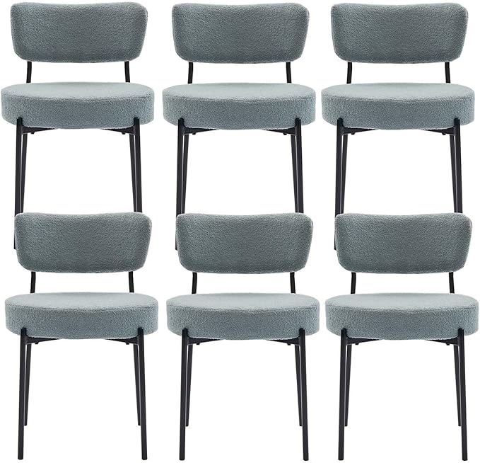 Stabrech Grey Boucle Dining Chairs Set of 6, Upholstered Dinner Chair with Metal Frame, Dining Room Chairs with Padded Seat, Round Modern Seating for Living Room