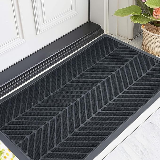 XADP Front Door Mat 29.5"x17" Indoors Outdoors Welcome Mats, Waterproof Non-Slip Rubber Backing Heavy Duty Doormat Outside Entrance, Low Profile Entryway Rugs Floor Mat for Patio, Pattern A Black