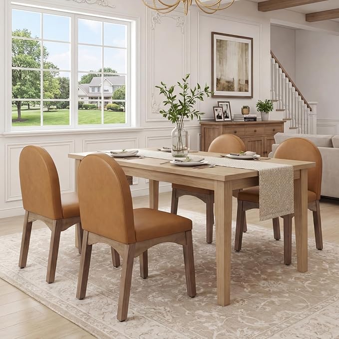 HNY Mid Century Modern Dining Chairs Set of 6, Faux Leather Upholstered Dining Room Chairs Armless Kitchen Chairs with Solid Rubberwood Legs, Accent Side Chairs for Living Room, Brown