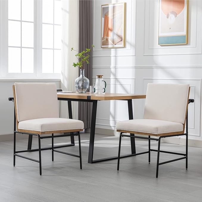 LukeAlon Linen Dining Chairs Set of 2, Upholstered Square Back Kitchen Chairs with Metal Legs Mid Century Armless Parsons Chairs with Wood Frame for Dining Room Reception Room, White