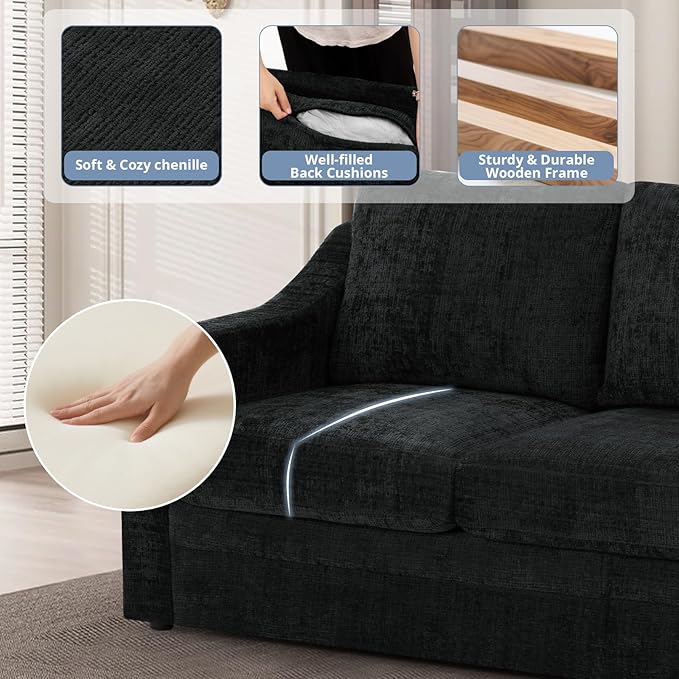 ACMEASE 2 Pieces Chenille Sofa Sets w/Comfortable Back Cushions, Modern Loveseat & Sofa w/Deep Seat Space, Upholstered 2 Seat & 3 Seats Couch Sets w/High Resiliency Foam for Living Room, Office Black