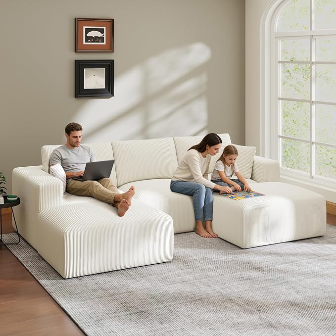 110" Modular Sectional Sofa, Cloud Couch U Shaped Memory Foam Boneless Couch with Ottoman, Cozy Upholstered Corduroy Floor Couch, No Assembly Required Living Room Furniture for Apartment, Beige