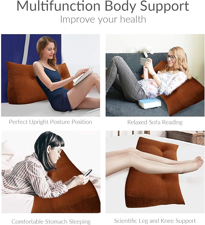 Wedge Headboard Pillow Dorm Room Reading Pillow Back Support for Sitting Up in Bed Bolster Lumbar Cushion Body Positioning Bedrest Corduroy (Coffee, Full (54 * 8 * 20in))