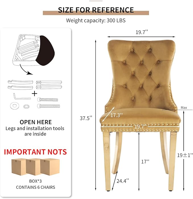 YeahFurn Mid Century Modern Dining Chairs Set of 6, Yellow Velvet Upholstered Tufted Back, Kitchen & Dining Room Chairs, Gold Metal Legs, Nailhead Trim, Sillas para Comedor (Yellow, 6 Pcs)
