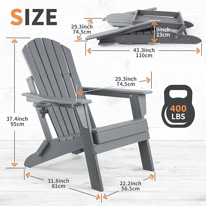 FUNBERRY Folding Adirondack Chair, All Weather HDPE Fire Pit Chairs with Cup Holder for Outdoor