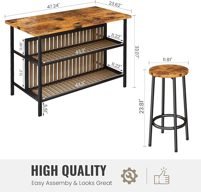 Lamerge 3 Piece Bar Table and Chairs Set, Industrial Bar Table Set for 2 Kitchen Island with Seating,Counter Height Table with Storage Shelves,Dining Room Table Set for Kitchen,Walnut