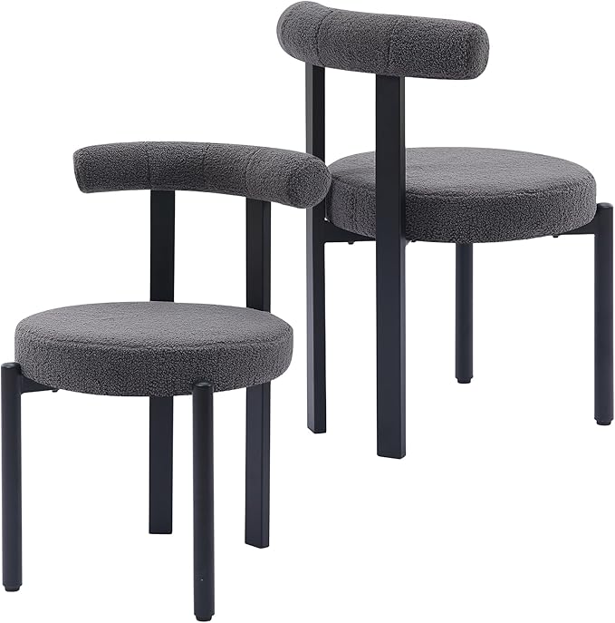 Kiztir Boucle Dining Chairs Set of 2, Modern Dining Room Chairs with Curved Backrest and Black Metal Legs, Upholstered Round Dining Accent Chairs for Kitchen, Living Room, Bedroom (Gray)