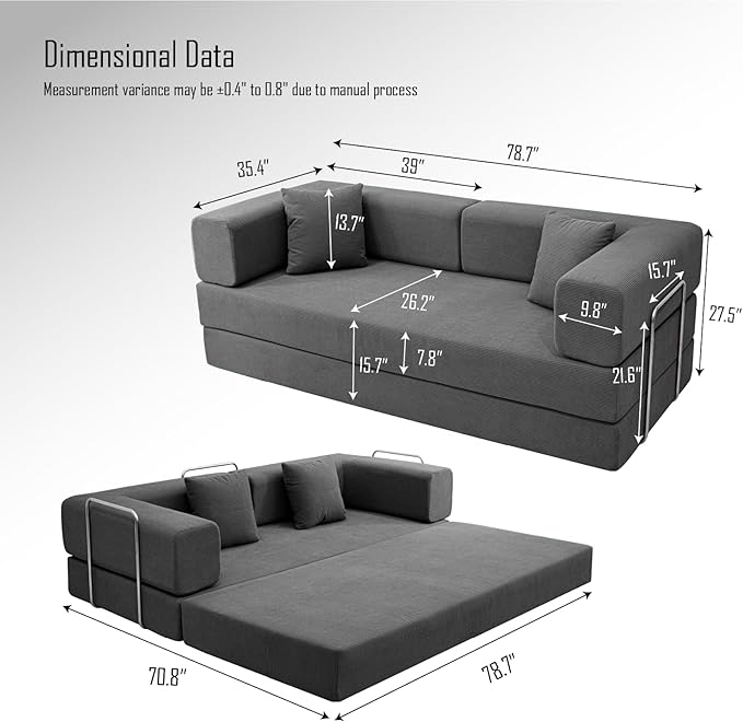 79 Inch Convertible Sofa Bed Couch in Box, 5 in 1 Folding Modular Boneless Couch with Pull Out Bed 2 Pillows, Soft Corduroy Floor Futon Lounge Loveseat Sleeper Lazy Cama No Assembly Dark Grey