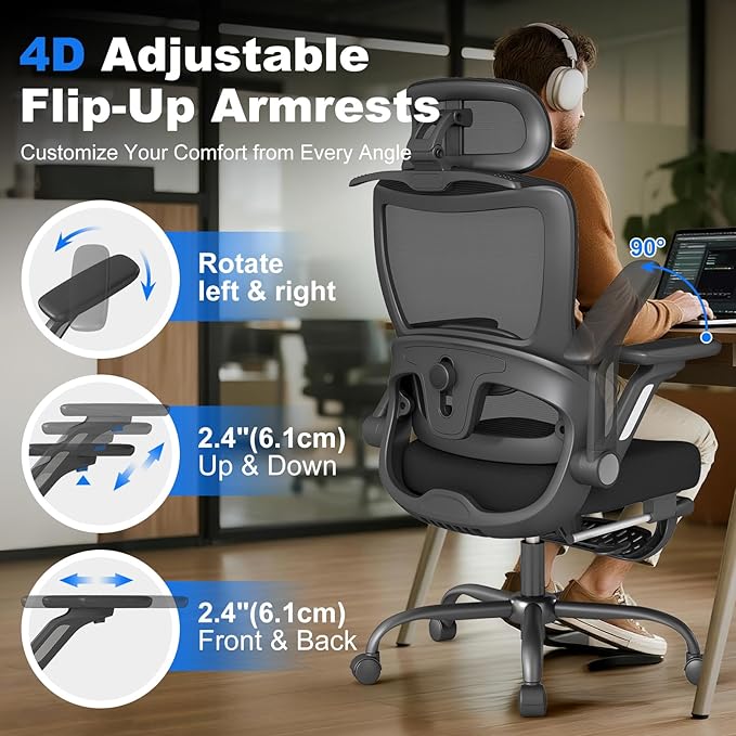 ZZH Ergonomic Office Chair with Footrest, High Back Home Desk Chair with Adjustable Lumbar Support, Headrest, Flip-Up Arms, 90-135° Tilt Lock, Big and Tall Mesh Computer Seating with Wheels