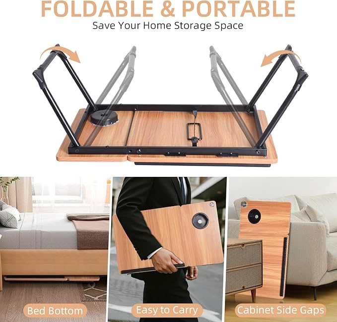 Adjustable Wooden Lap Desk with Flexible Stand, Natural Oak Color, Portable Workstation with Cable Management, Ergonomic Design for Home Office (Wood+Black)