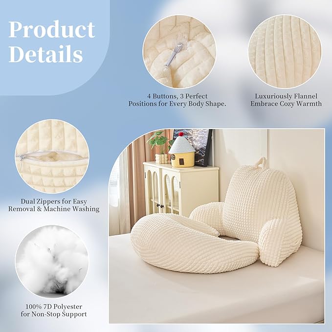 PAJEO Reading Pillow for Bed,U Shaped & Back Support Pillow for Bed,19" Backrest with Lumbar & Arm Support,Comfy Flannel Fabric,Lap Pillow for Gaming/Reading/Watching TV,White