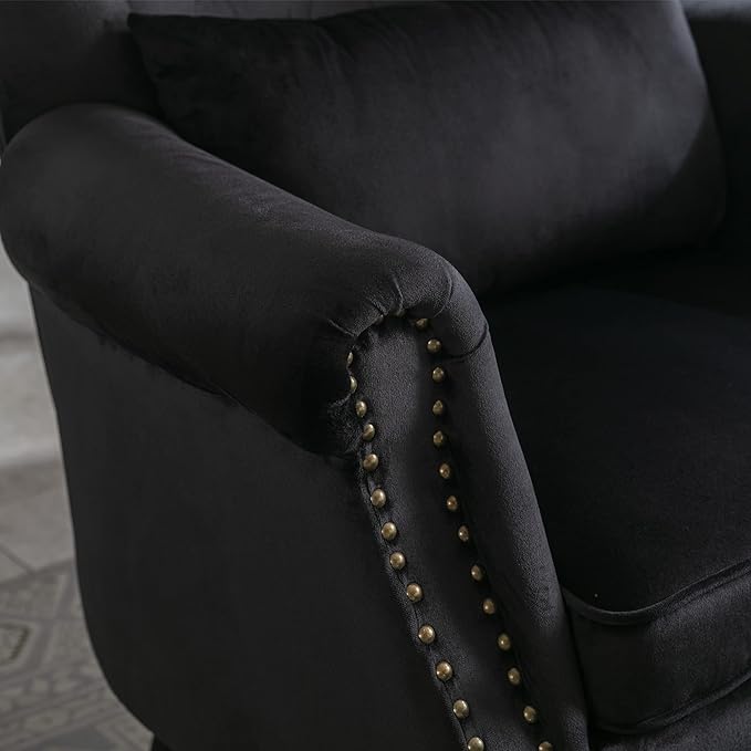 chairus Mid-Century Modern Accent Chairs with Ottoman Set of 2, Comfy Velvet Single Sofa Chair Button Tufted Wingback Armchairs with Pillow for Living Room/Bedroom/Club - Black