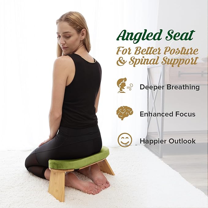 MONK & LLAMA Meditation Bench - Foldable, Ergonomic, Bamboo Kneeling Stool— Perfect Seiza Bench Meditation Stool Chair for Prayer & Travel - Deeper & Enjoyable Sessions