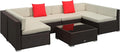 Outsunny 7-Piece Patio Furniture Set, Outdoor Wicker Conversation Set, All Weather PE Rattan Sectional Sofa Set with Cushions and Tempered Glass Top Coffee Table, Pillows, Cream White