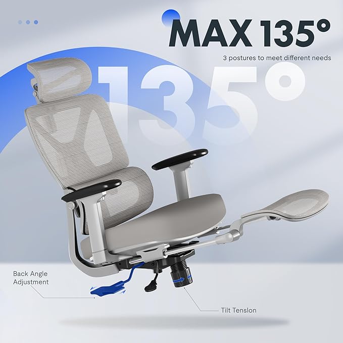 FLEXISPOT ErgoX Premium Ergonomic Office Chair with Footrest- Adjustable 3D Armrests, Dynamic Lumbar Support, Recline & Tilt Function, Mesh Seat, for Home & Office Use,Grey Foam