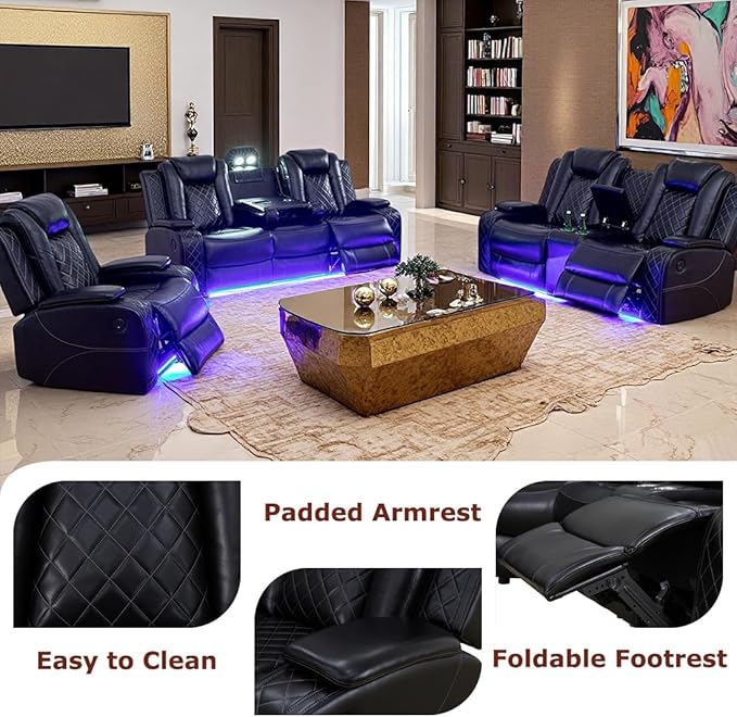 Toseslo Living Room Furniture Sets with LED Light, Power Recliner Sofa Set,Leather Sectional Sofa and Loveseat Set, Modern Power Reclining Sets with Storage Console for House(Black)