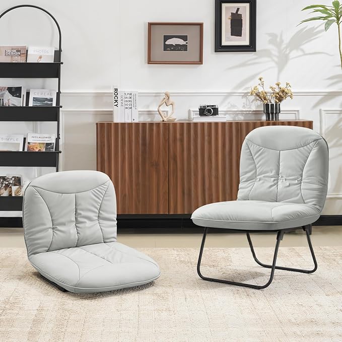Furniliving 3 in 1 Folding Chair Foldable Floor Chair for Reading, Lounging & Gaming, Portable Camping Chair with Metal Frame Comfy Accent Chair Reading Chair for Indoor, Living Room, PU (Grey)