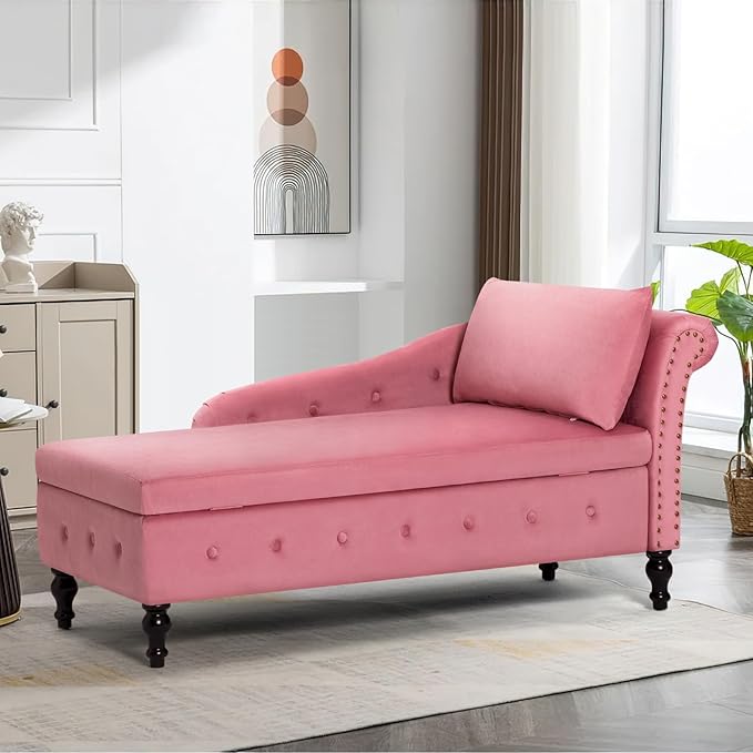ACMEASE Upholstered Chaise Lounge with Right Armrest & Lumbar Pillow,Button Tufted Lounge Sofa with Storage,Lounge Chair Indoor,Modern Velvet Lounge Chair for Bedroom, Living Room and Office,Pink