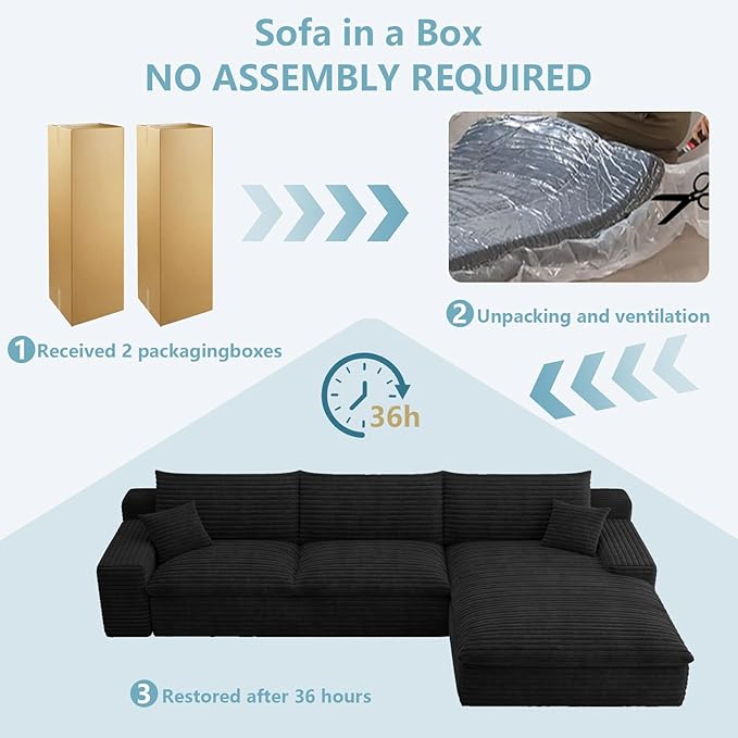 107" Cloud Sectional Couch with L-Shape Chaise, Modern Corduroy Viral Boneless Sofa for Living Room,Memory Foam Couches in a Box with Deep Seat,No Assembly Required (Jet Black,Right-Facing Chaise)