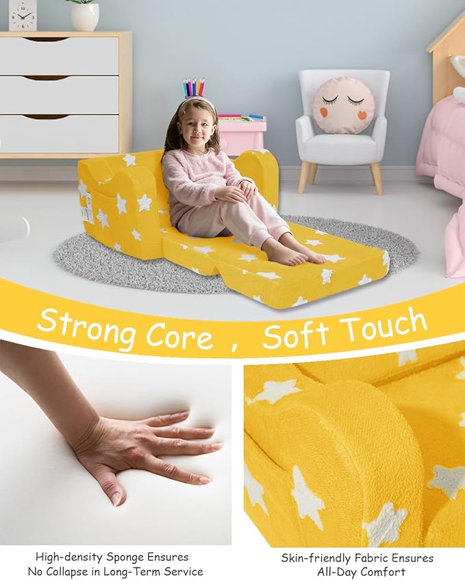 KokoSelene Toddler Couch, Kids Couch for Toddler Fold Out, 2-in-1 Convertible Kid Sofa to Lounger Bed for Girls and Boys, Ideal for Reading Sleeping Gaming Decor (Yellow)
