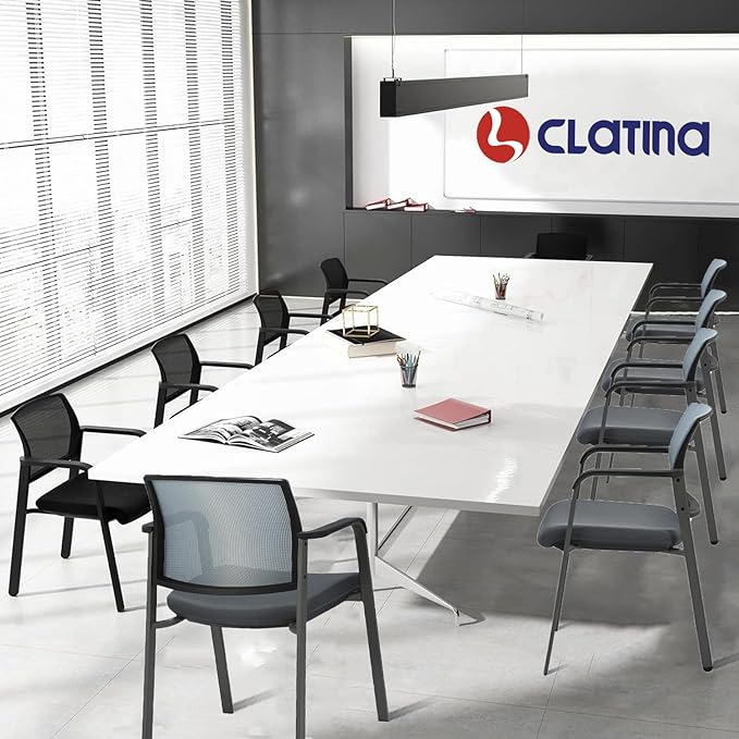 CLATINA Mesh Back Stacking Arm Chairs, Office Reception Guest Chair, Desk Chair No Wheels Ergonomic Lumbar Support and Thickened Seat Cushion for Waiting Conference Room Grey (4 Pack)