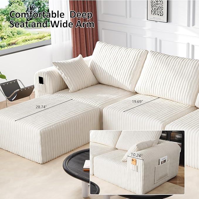 106" Modular Sectional Sofa, Boneless Couches for Living Room, L-Shape Sofa Couches,Cloud Couch Sectional, Comfy Corduroy Sofa, with Deep Seat, No Assembly Required (Beige, 3 Seater + 1 Ottoman)