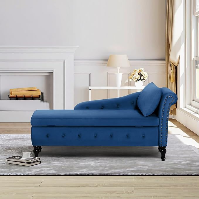 ACMEASE Upholstered Chaise Lounge with Right Armrest & Lumbar Pillow,Button Tufted Lounge Sofa with Storage,Lounge Chair Indoor,Modern Velvet Lounge Chair for Bedroom, Living Room and Office,Blue