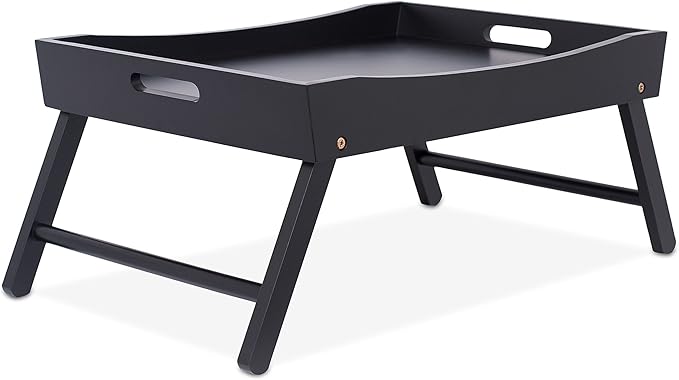 BIRDROCK HOME Wood Bed Tray for Eating | TV Tray with Folding Legs | Wide Breakfast Serving Lap Desk with Sides & Handles | Laptop Table | Foldable Study Writing Table | Adjustable Food Tray | Black