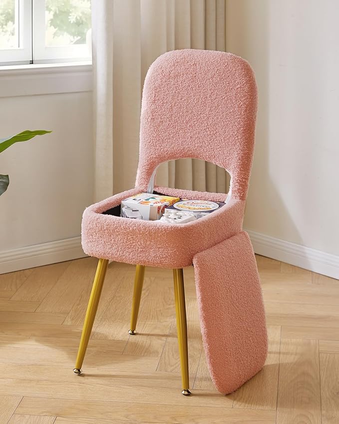 IBUYKE Small Storage Vanity Stool with Folding Backrest, 12.99" x 13.78" x 31.5" Square Teddy Velvet Ottoman, Makeup Chair for Living Room, 4 Metal Legs with Anti-Slip Feet, Pink WBD027P