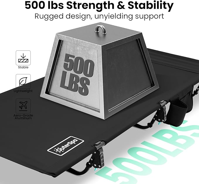 OuterSpa Portable Camping Cot, Sleeping Cots for Adults, Ultralight Backpacking Cot, Compact, Collapsible, Easy Set-Up, Supports 500lbs, Lightweight Camp Cot for Adults, Camping, Outdoors and Home