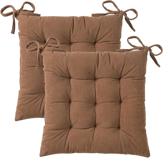 HLOVME Corduroy Chair Cushion with Ties Ultra Soft Warm Floor Cushion for Kids Reading Nook Comfortable Square Seat Cushion for Adult 15.7”x15.7” Set of 2, Khaki