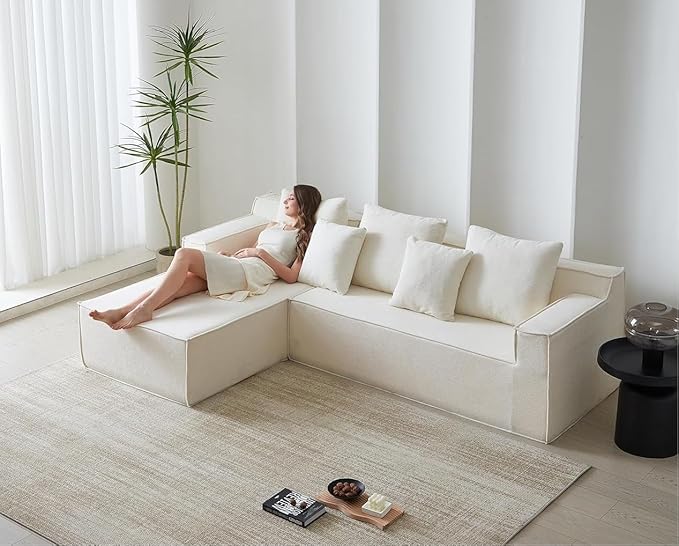 Swbvs L-Shape Chaise,7-Seater Sofa,Upholstered Couches for Living Room Bedroom,No Assembly,White