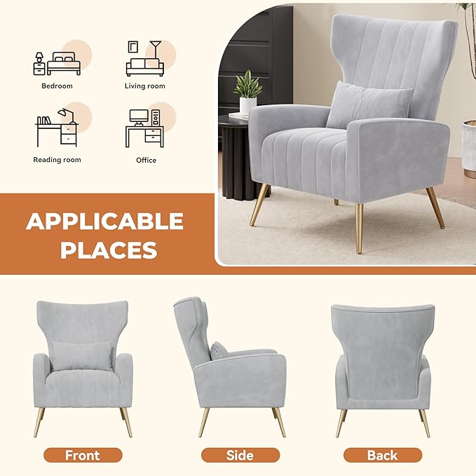 Nalupatio Modern Accent Chairs for Set of 4 Upholstered Velvet Fabric Reading Chair Mid Century Arm Chair Comfy Armchair for Living Room,Light Gray