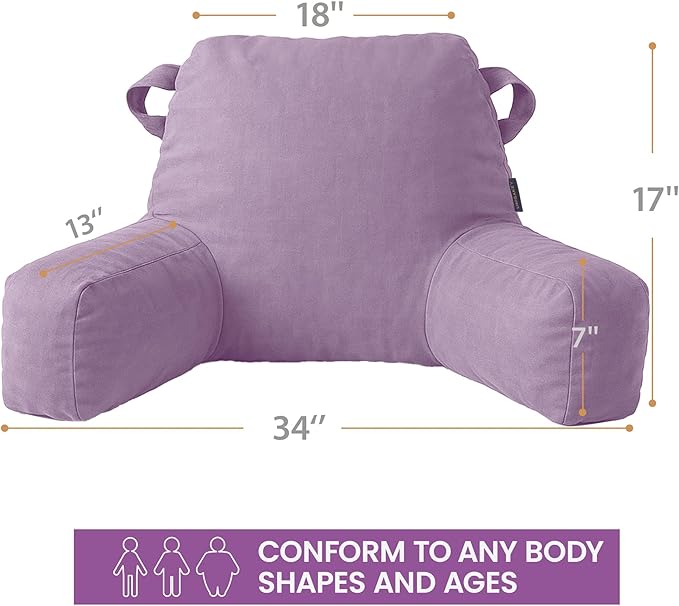 Unisakey Portable Comfy Reading Pillows for Bed Sitting Up(Lavender Purple Oeko-Tex), Velvet Back Pillow with Arms & Pockets for Adults, Support Memory Foam Bed Pillow for Dorm/Reading/Watching/Gaming