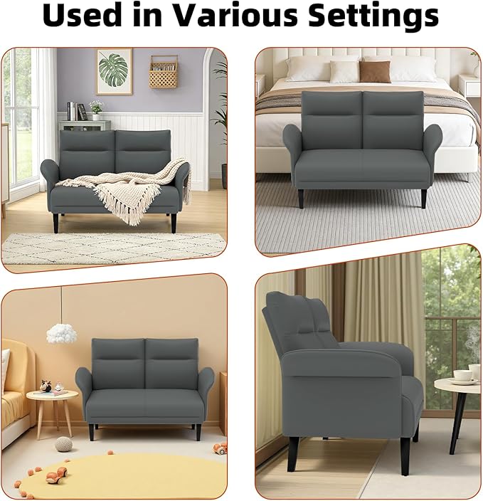 Faux Leather Loveseat with Wide Armrests, Symmetrical Shawl Arm 2-Seater Sofa, Upholstered Modern Loveseat with Wooden Legs for Small Living Room, Apartment, Gray