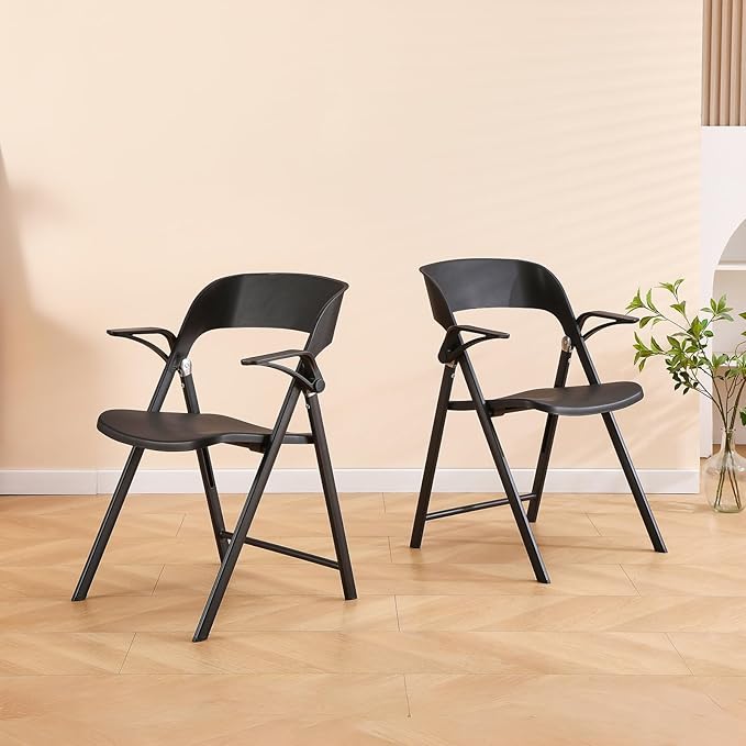Folding Office Chair, Plastic Folding Chairs with Detachable Armrest, Stackable Dining Chairs, Portable Foldable Chair for Indoor, Outdoor, Wedding, Party, Picnic, Yard, Garden (Black, 2Pack)