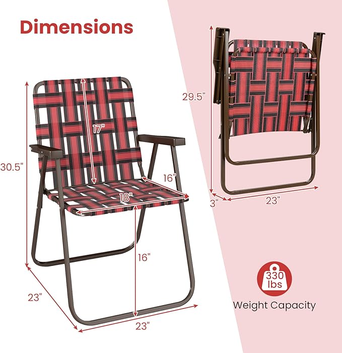 GYMAX Lawn Chair Folding, Webbed Beach Lounge Chairs Set with Highback, Outdoor Portable Lightweight Camping Dinning Chair for Patio, Lawn, Poolside, Sports, Garden, Backyard (2,Red)