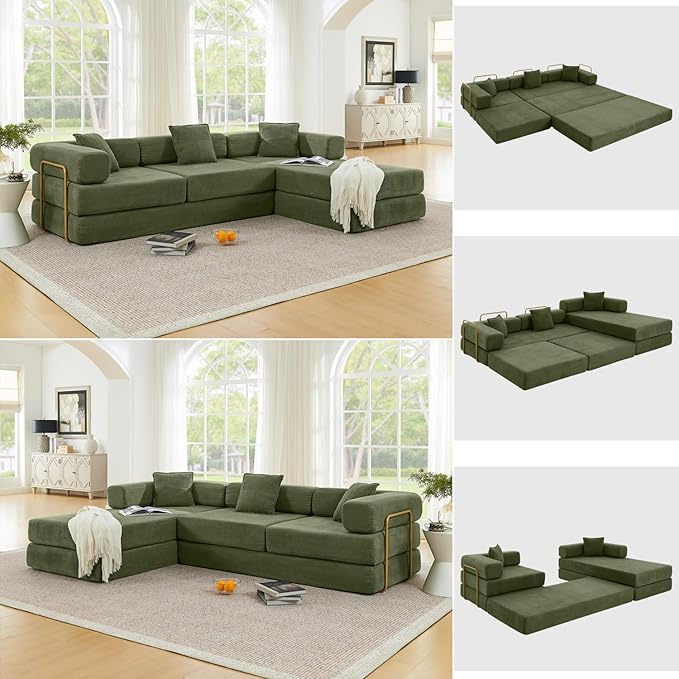 HANXIN 108" Modular Sectional Sofa, Futon Convertible Sofa Bed,Oversized Corduroy Boneless Couch for Living Room,Floor Loveseat Sleeper with Pull Out Bed,Free Combination,No Assembly Required (Green)