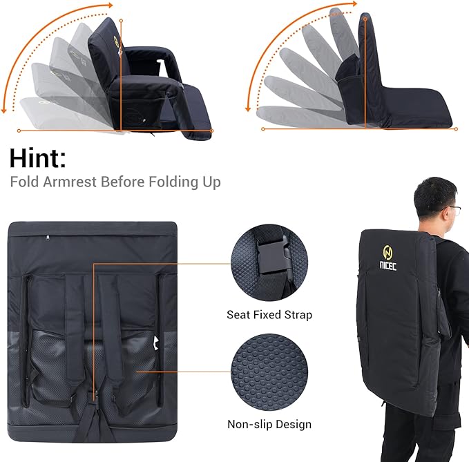 Nice C Heated Massage Stadium Seats, Floor Chair, Bleacher Seats, Reclining Waterproof Cushion, Foldable, Thick Padding, with Shoulder Straps & Side Pockets