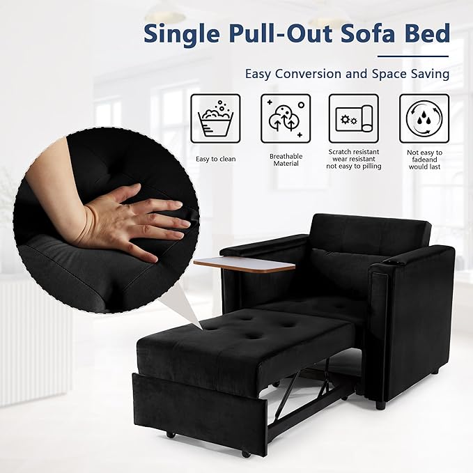 Velvet Convertible Chair Bed, 3 in 1 Multi-Functional Lounge Chair Sleeper, Pull Out Couch Guest Bed with Hidden Table and Adjustable Backrest for Living Room Small Space Apartment (Black)
