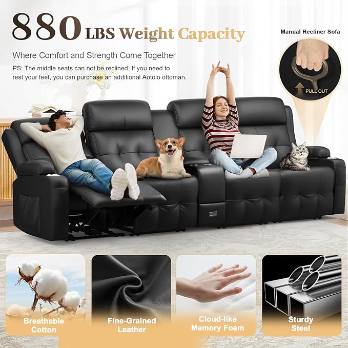 Aotolo Recliner Sofa, 4 Seater Massage Reclining Loveseat Sofa Sets, 2 Single Power Recliner Chairs Heat & Massage, Heavy Weight Capacity, RV Clearance Love Seat Couch with Console, USB, Type C Port