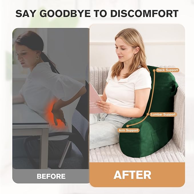 Unisakey Portable Comfy Reading Pillows for Bed Sitting Up(Green Oeko-Tex), Velvet Back Pillow with Arms & Pockets for Adults, Support Memory Foam Bed Pillow for Dorm/Reading/Watching/Gaming