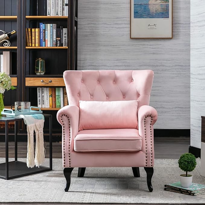 LZAREAL Accent Reading Arm Chairs Set of 2 for Living Room Bedroom, Midcentury Modern Comfy Corner Sofa Chair, Wingback Waiting Room Club Chair with Button Tufted Back &Lumbar Pillow, Velvet Pink