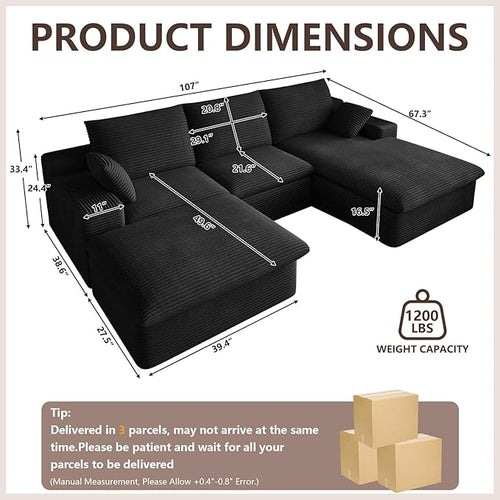 107" Cloud Modular Sectional Sofa with 1 Ottoman, Deep Seat Boneless Couch, Modern Upholstered Corduroy Couches, Comfort U Shaped Sofa for Living Room, No Assembly Required(Black,Right Facing Chaise)