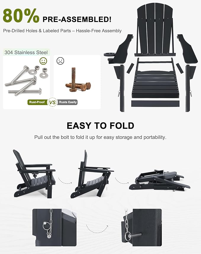 Folding Adirondack Chairs - Plastic Adirondack Chair with Cup Holder, Outdoor Chairs Weather Resistant for Outside, Patio, Lawn, Garden, Backyard Deck, Fire Pit - Black