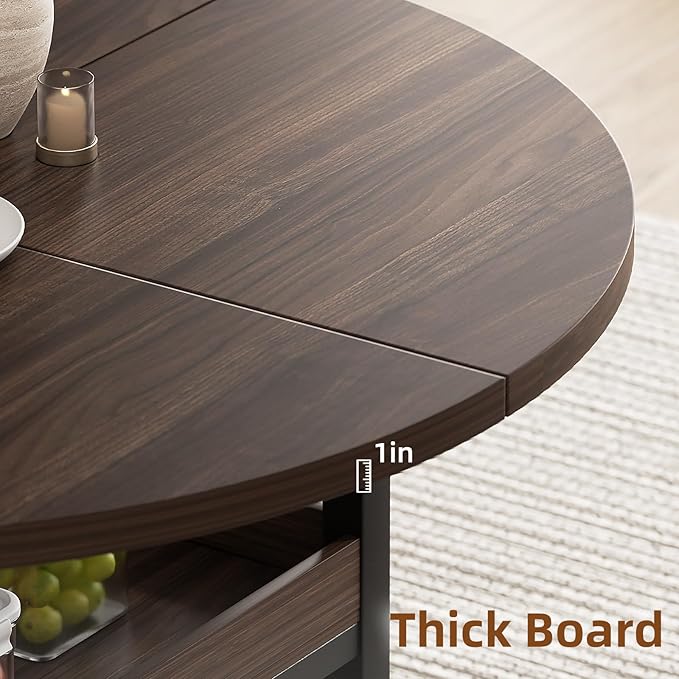 5-Piece Round Dining Table Set for 4 with Storage, Kitchen Table with 4 PU Leather Chairs, Space Saving for Breakfast Nook, Dinette, Dining Room (Walnut Dining Table-4 Black Chairs)