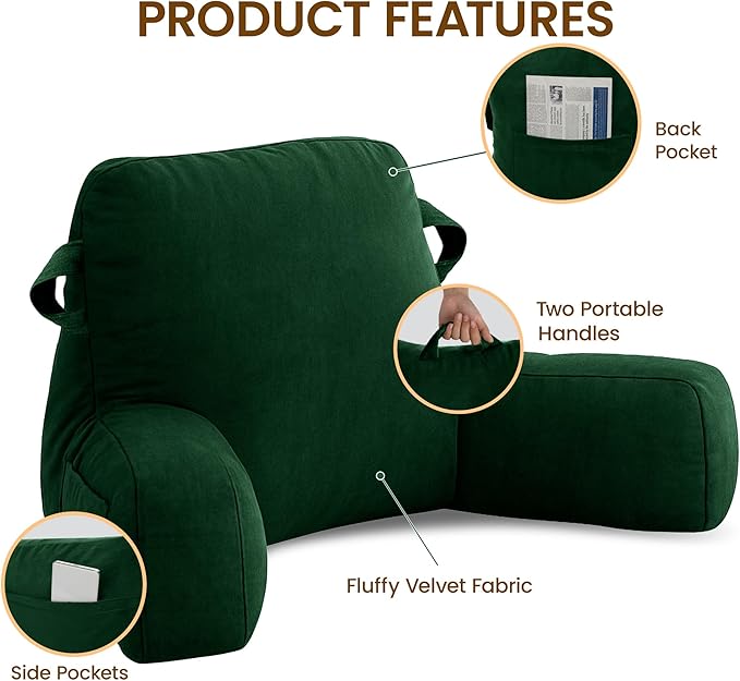 Unisakey Portable Comfy Reading Pillows for Bed Sitting Up(Dark Green Oeko-Tex), Velvet Back Pillow with Arms & Pockets for Adults, Support Memory Foam Bed Pillow for Dorm/Reading/Watching/Gaming