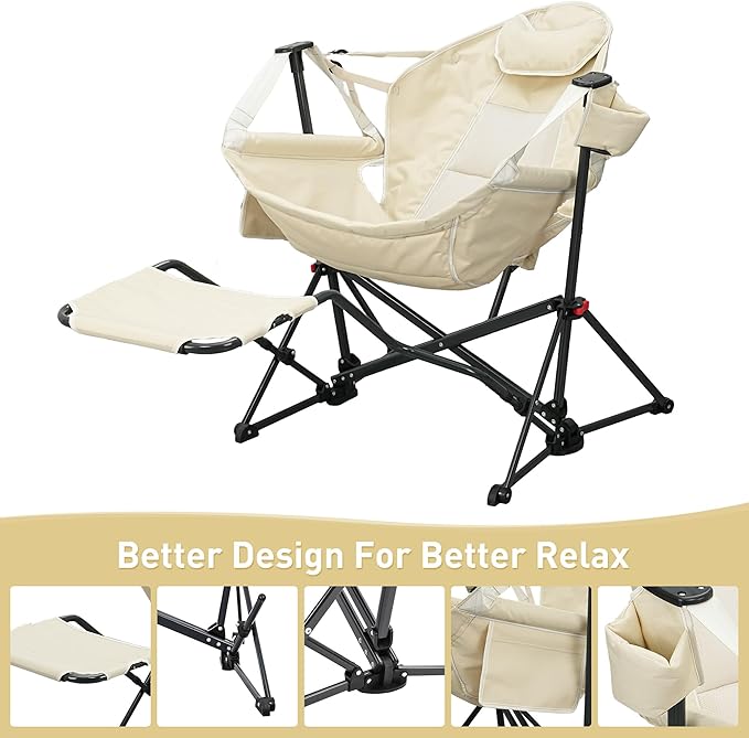 GDY Camping Chairs, Oversized Hammock, Folding Rocking Chairs, Adjustable Back Swing Chairs, Cup Holder, Outdoor Beach Lawn, White.