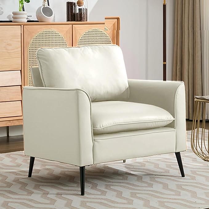 YISHENG Mid-Century Modern Living Room Accent Chairs Set of 2 - Oversized Faux Leather Armchairs with Removable Cushions & Metal Legs, Comfortable Sofas for Office/Lounge/Bedroom/Reception,Cream