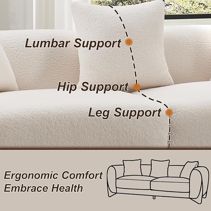 87" Sherpa Boucle 3 Seater Sofa Modern Cloud Couch with Solid Wood Legs, 25in Extra Deep Seat, Comfy Thick Cushion Upholstered Sofa Couches with 3 Pillows for Living Room, White